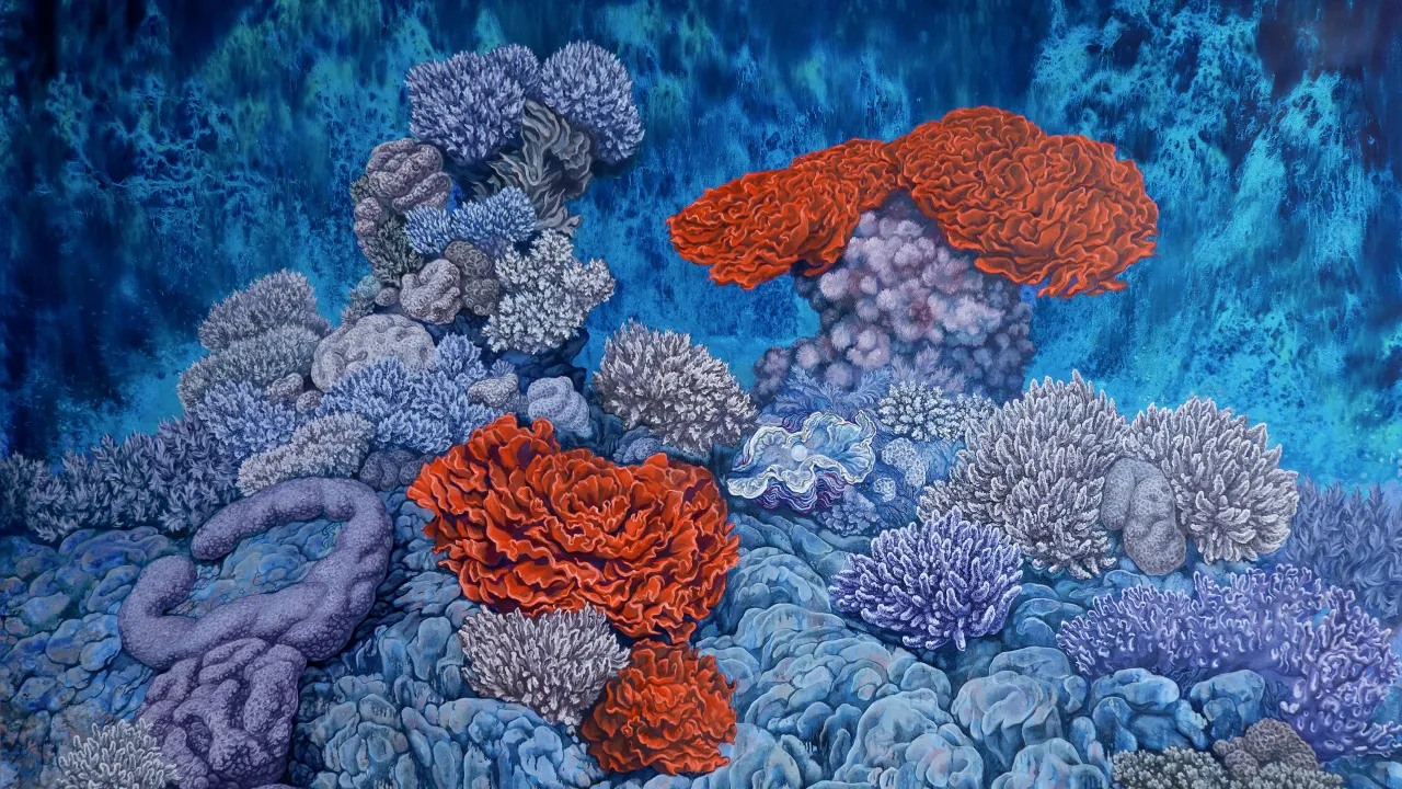 “Red Coral Reign”: an oil-painted coral reef, red and mauve corals on a deep blue marine background.