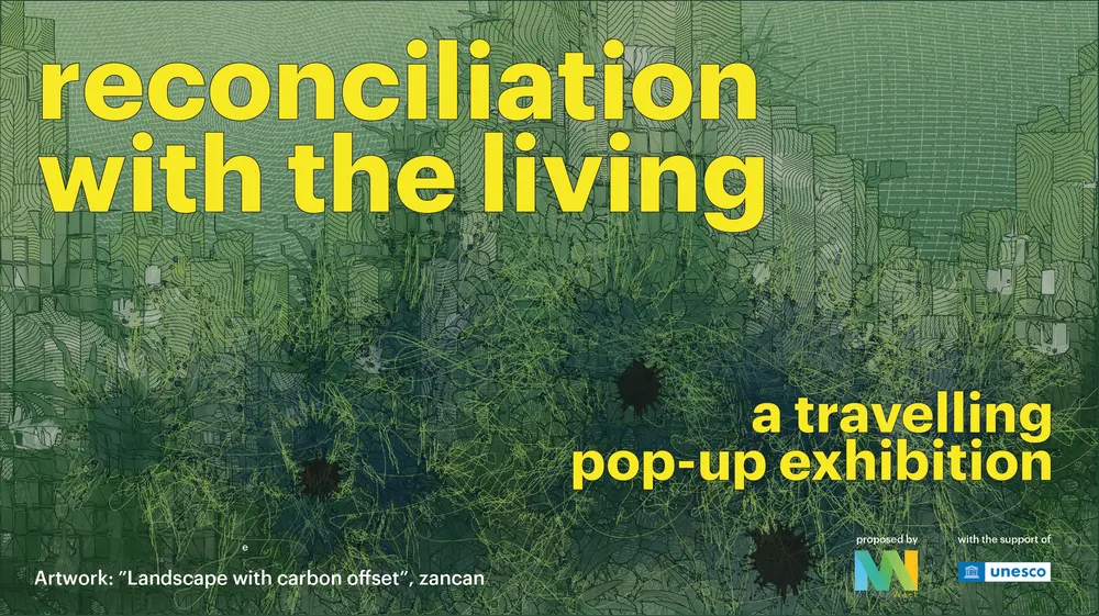 Poster of the exhibition “Reconciliation with the Living,” featuring a detail from “Landscape with Carbon Offset” by Zancan.
